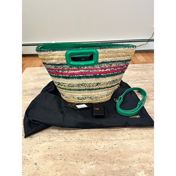 NEW NWT MAJE M Mini Striped Raffia Basket Bag Vert Casino Green - Picture 5 of 10